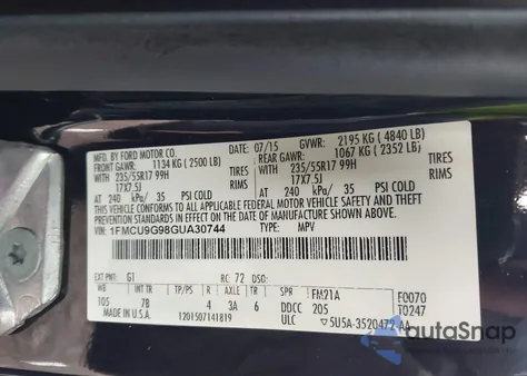 2016 Ford Escape Se z USA, uszkodzony, nr VIN 1FMCU9G98GUA30744